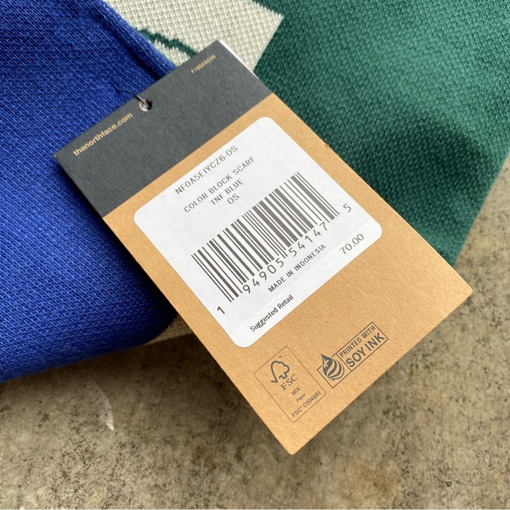 The Northface Color Block Scarf TNF Blue / Green OS Logo 96” x 12” - NEW - Picture 5 of 6
